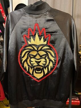 Fire King Black Satin Bomber Jacket with Gold Lion & Red Trim